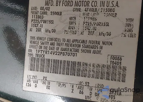 2002 Ford Ranger Edge/Tremor/Xl/Xlt z USA, uszkodzony, nr VIN 1FTYR14V22PB70701